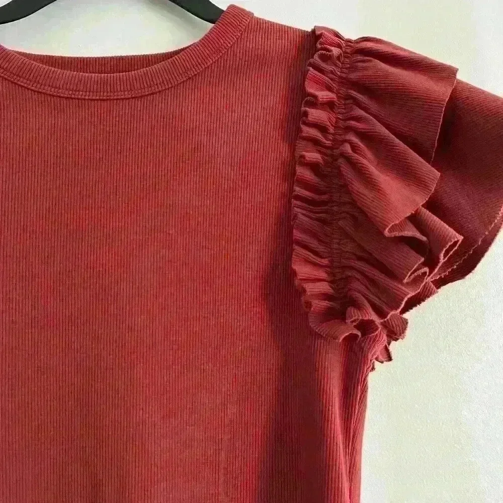 Express Terra Cotta Ribbed Ruffled Shoulder Tee - Picture 2 of 4